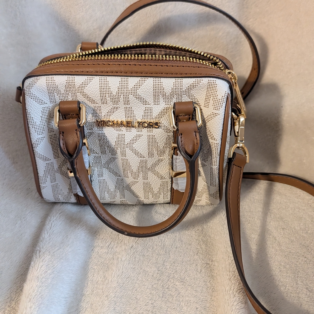 Michael Kors White/ Brown Logo Mini Satchel